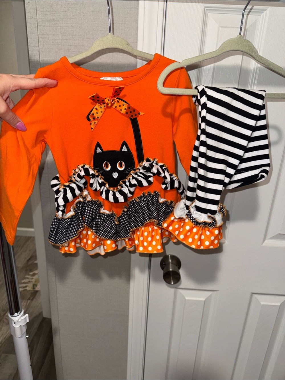 Kids Orange Halloween Cat Ruffle Matching Set - Black & White Stripes